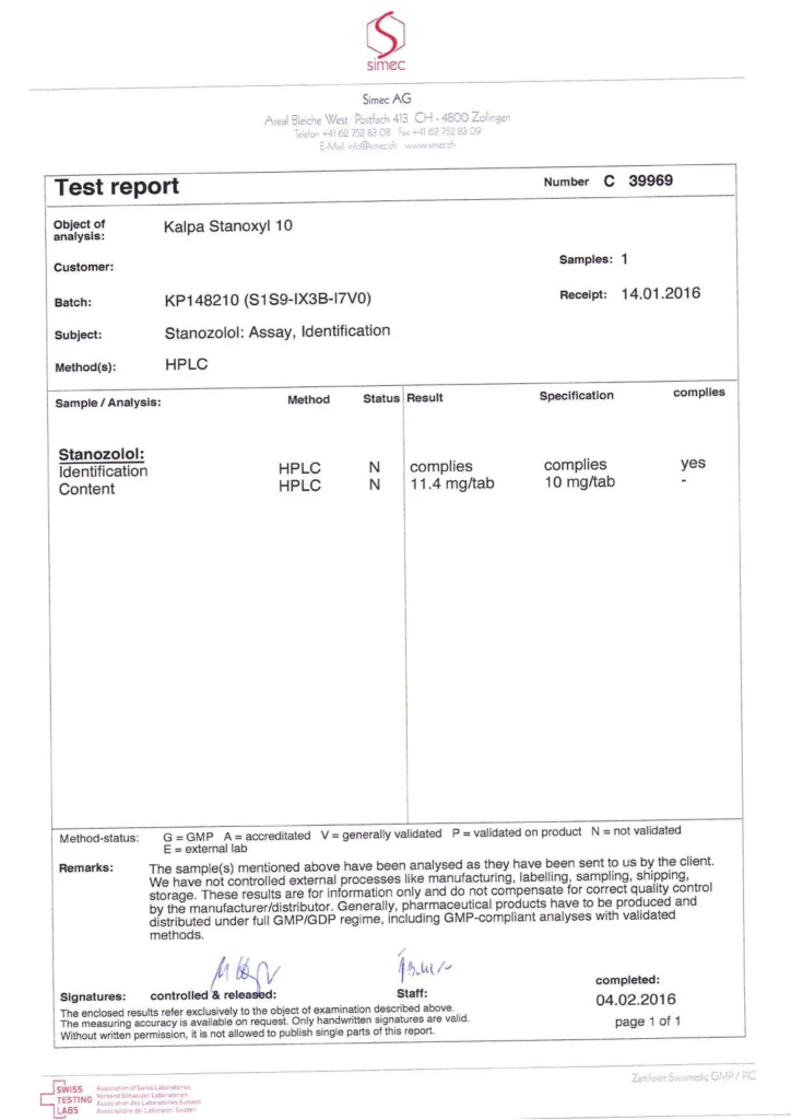 stanoxyl 10 lab test results from 2016-01-14